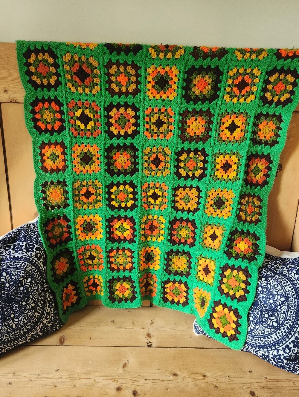 Handmade Crochet Granny Square Blanket in Green, Yellow & Orange